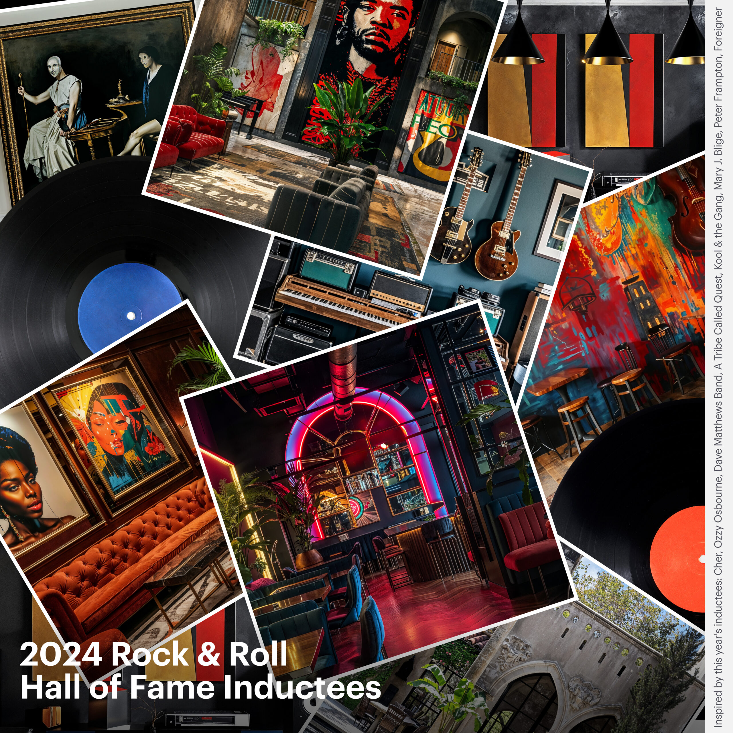 An image of an albulm collage made of commercial and residential spaces inspired by the 2024 Rock & Roll Hall of Fame inductees.