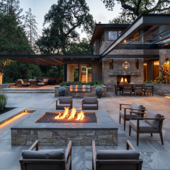 A modern outdoor patio with stone tile flooring, teak wood finishes, and ambient lighting.