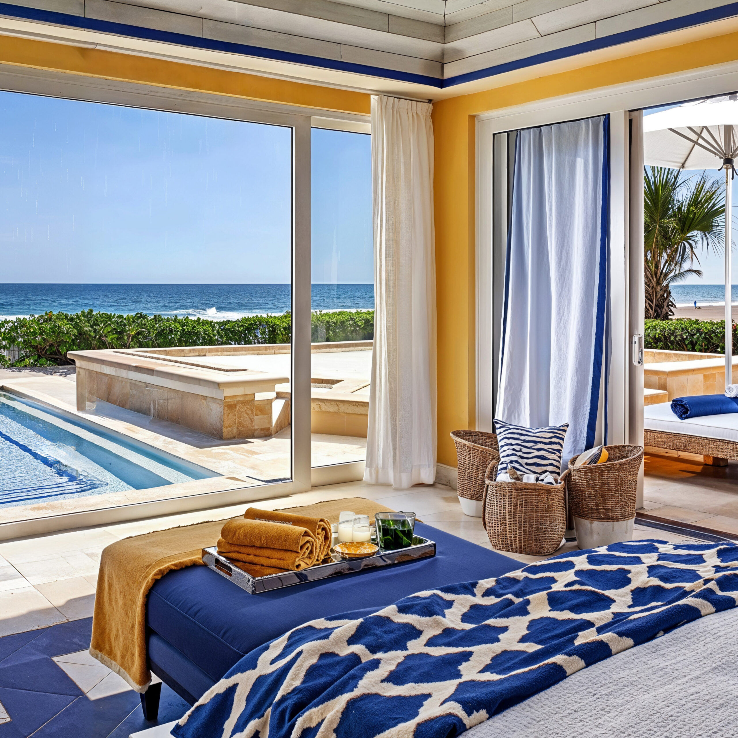 Seaside hotel bedroom with bed with comfortable linens in neutrals and bright blue. sweeping views of the ocean from two walls of the room which share large sliding glass doors. Directly outside the doors sits a private pool.