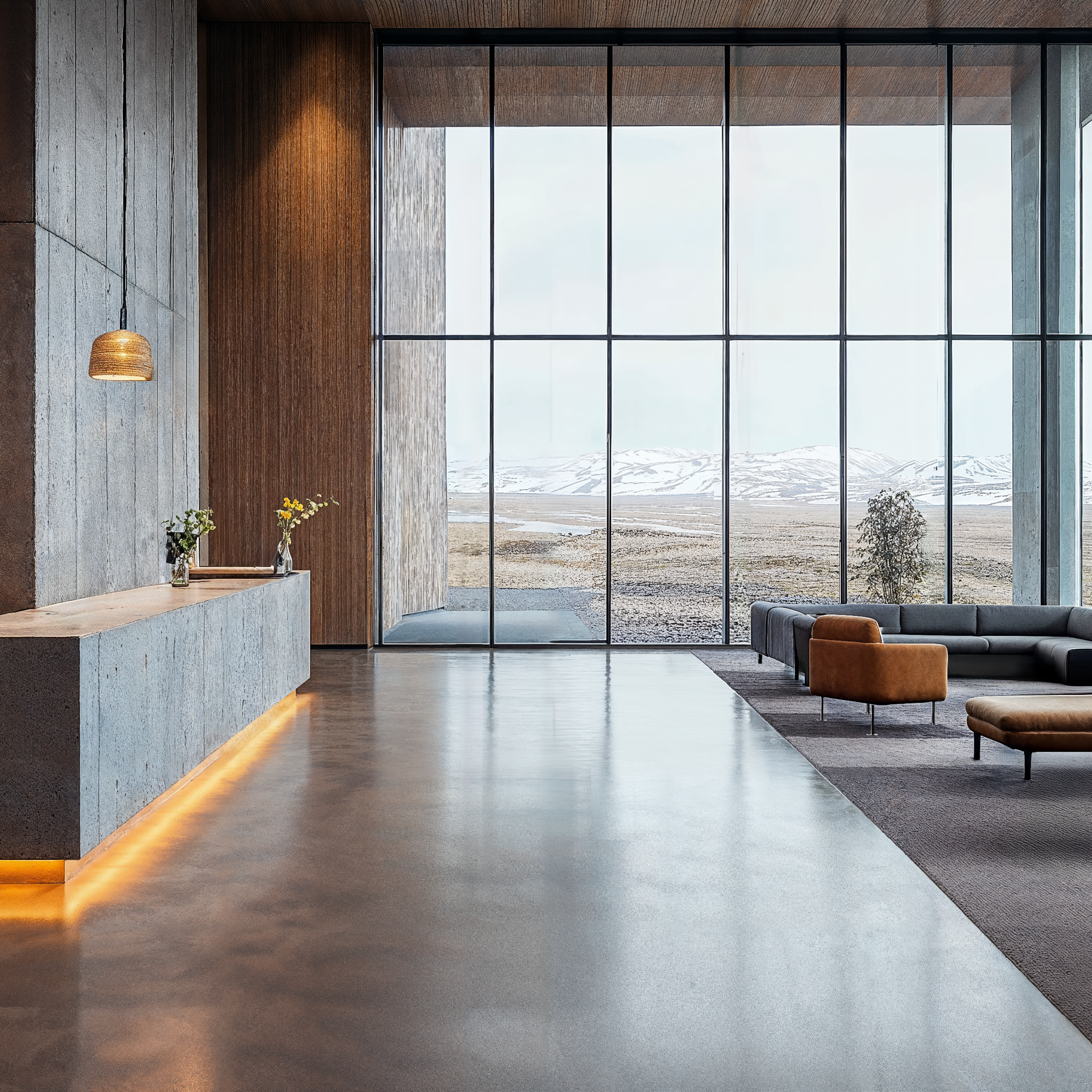 An Icelandic minimalist designed healthcare space with concrete walls, modular furniture, and floor to ceiling windows.
