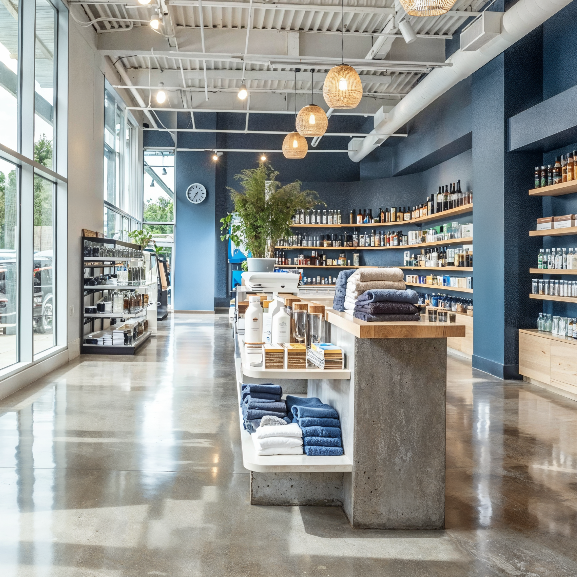 Open-concept retail store with floor to ceiling windows, soft blue painted walls, and wood and concrete displays.