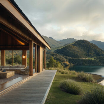 A Maori designed hotel with teak decking, wooden walls, and warm lighting.