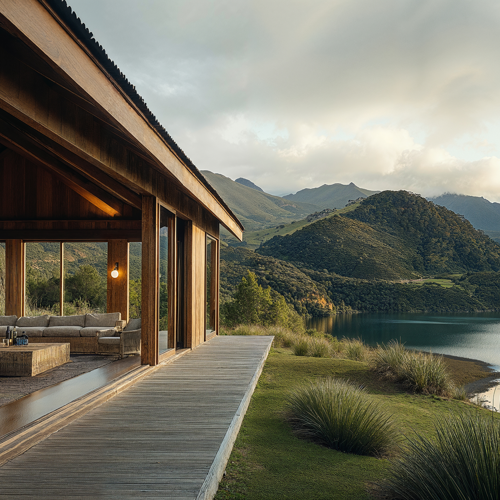 A Maori designed hotel with teak decking, wooden walls, and warm lighting.