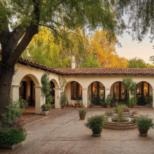 A Mexican hacienda with brick flooring, tiled roofs, and adobe walls.