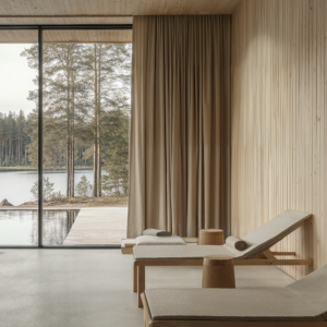 A Finnish sauna with wooden wall paneling, concrete floors, and beige textiles.