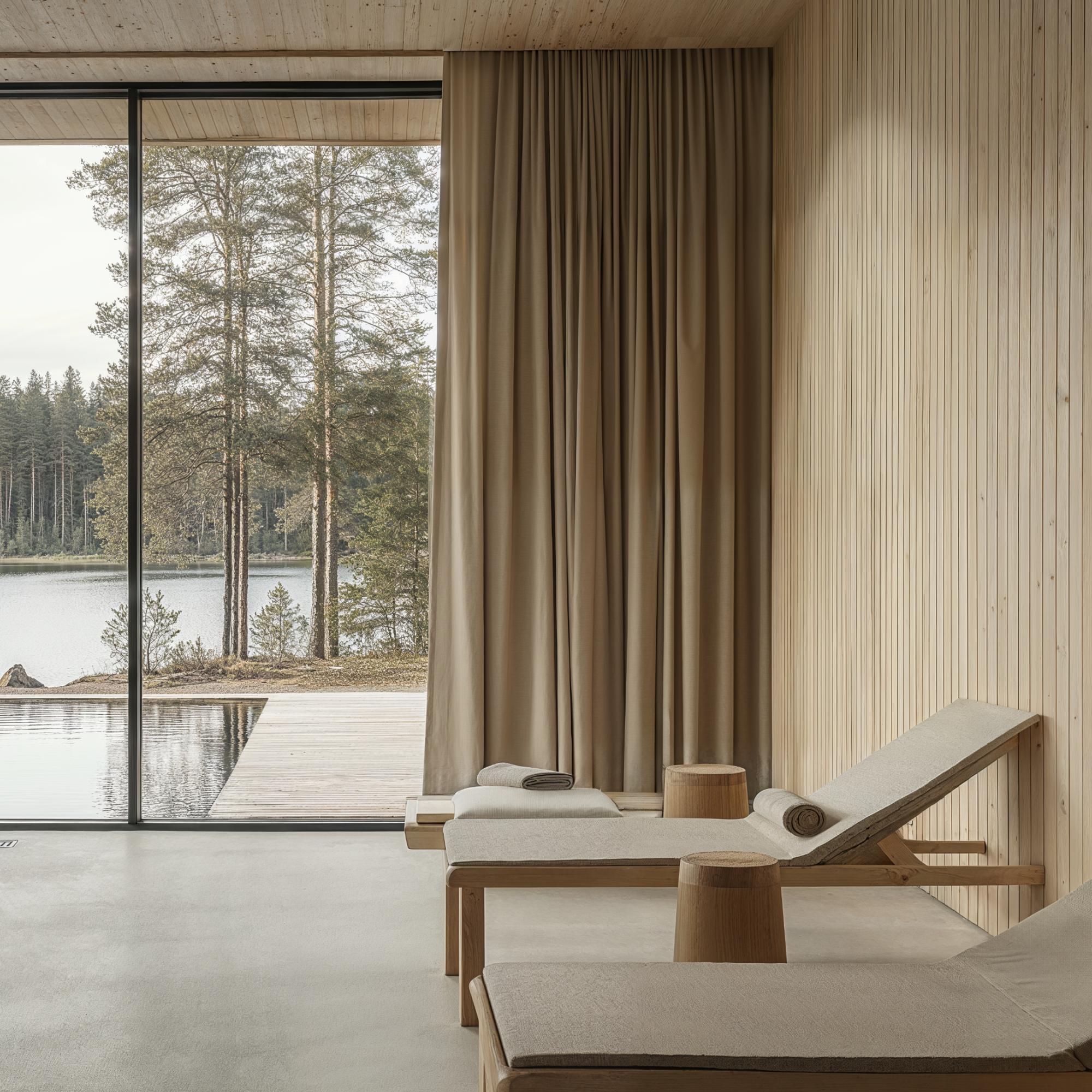 A Finnish sauna with wooden wall paneling, concrete floors, and beige textiles.