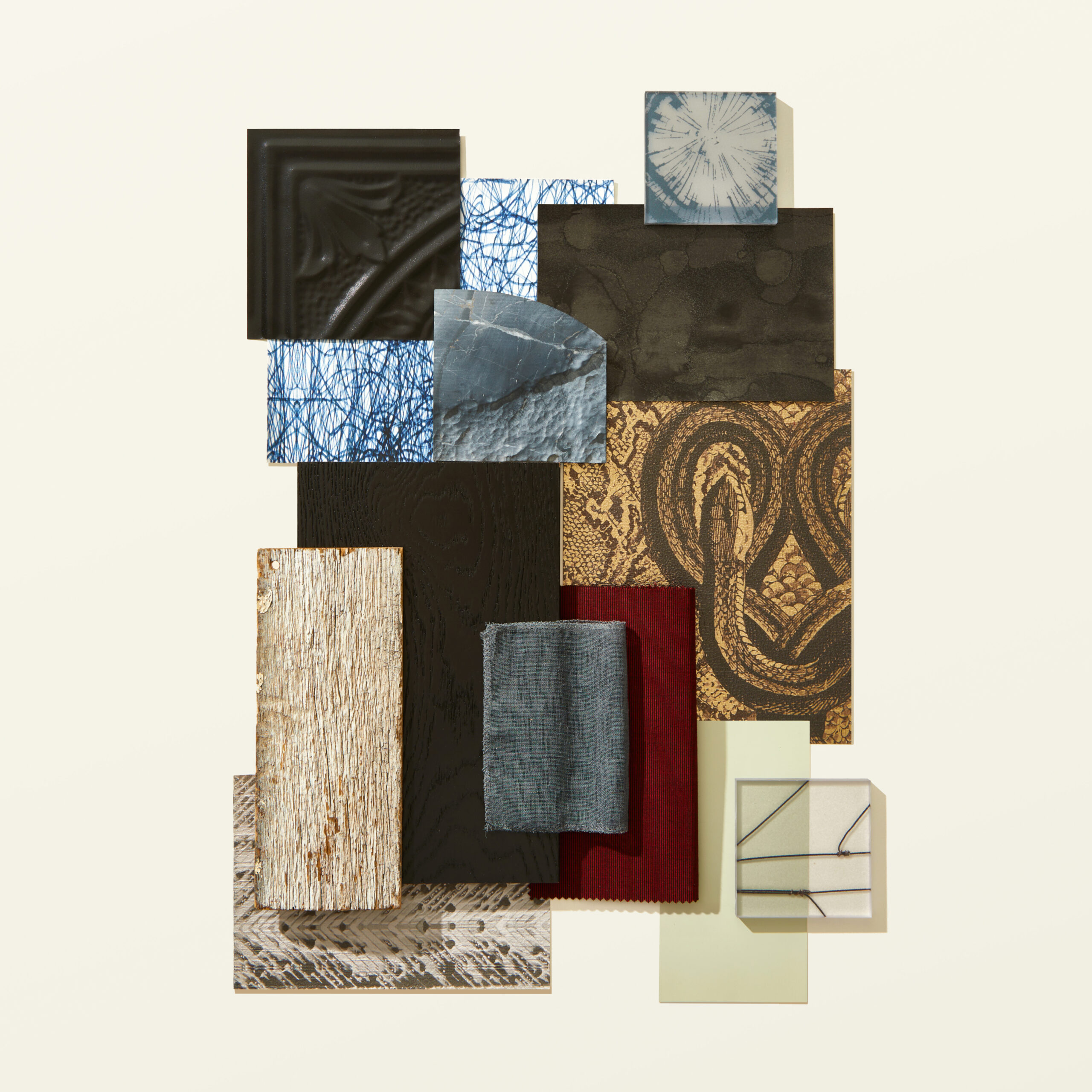 A palette of materials in various colors, textures and shapes to represent our collection called Shadows & Shapeshifters.