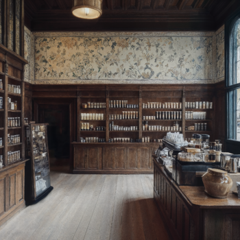 A British arts and crafts designed store with wooden shelving, coffered ceilings, and decadent windows.
