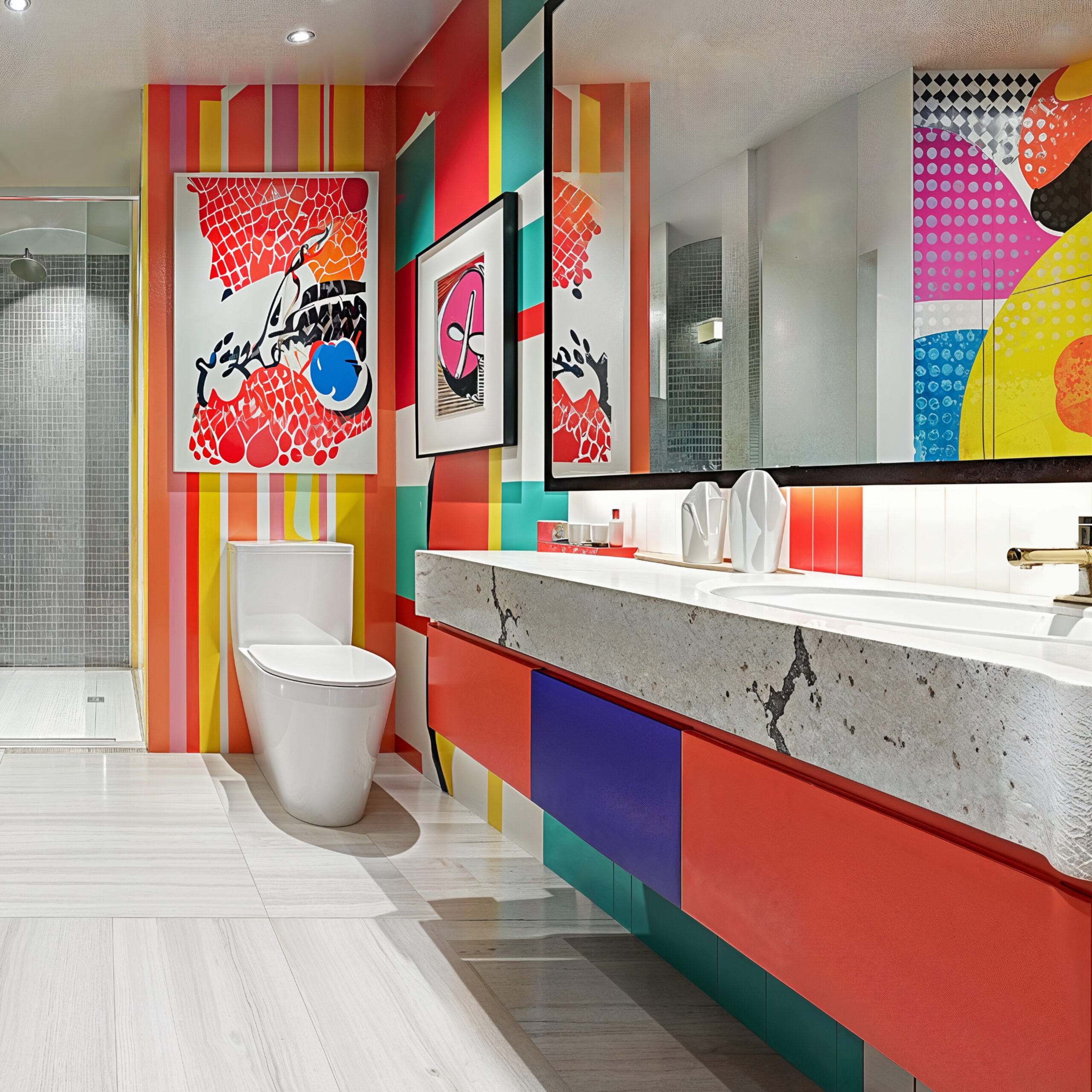 Pop Art Bathroom with neutral colored tile, stone sink with colorful wallcovering in bold, vibrant colors and geometric patterns.