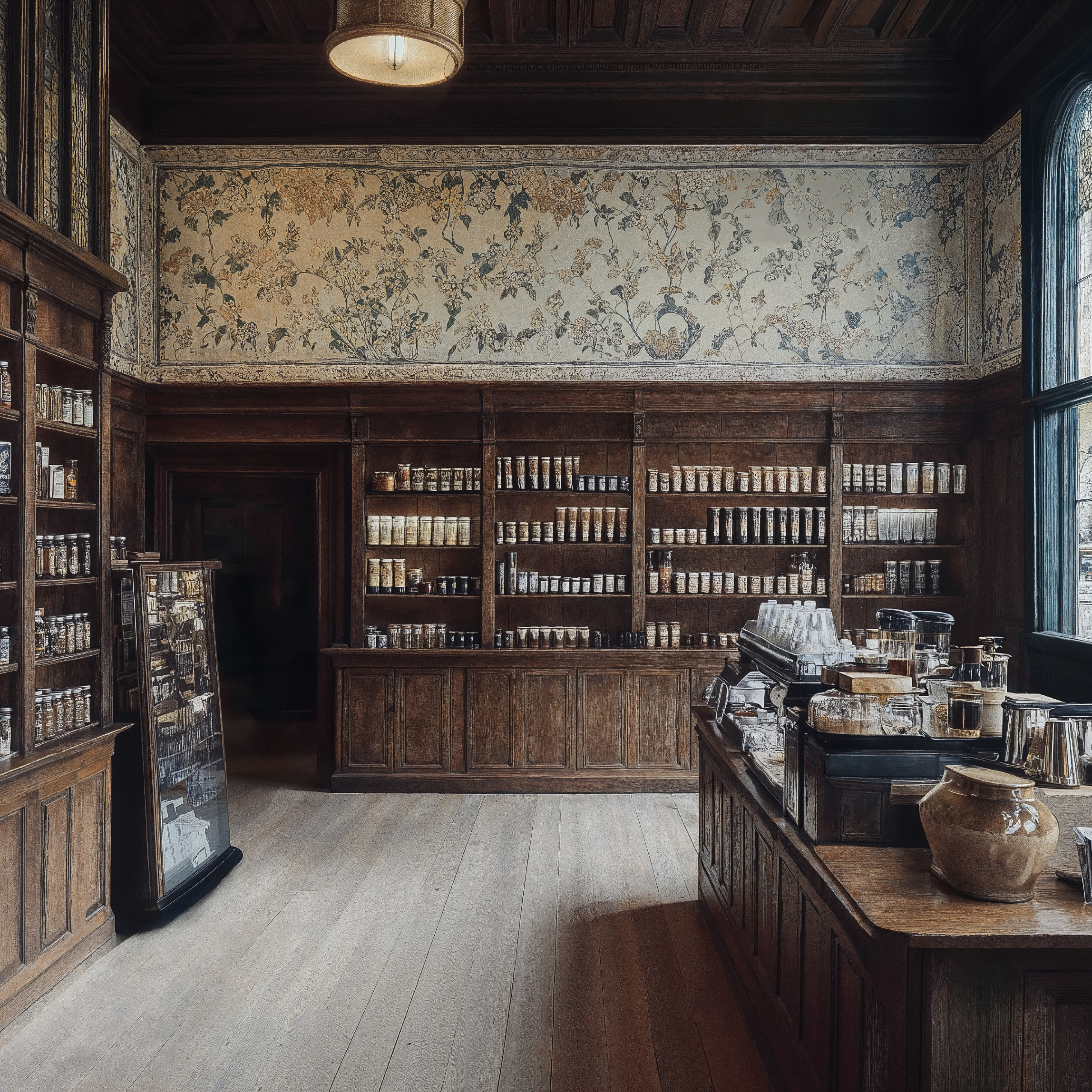 A British arts and crafts designed store with wooden shelving, coffered ceilings, and decadent windows.