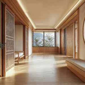 A Koren Hanok designed healthcare space with wooden wall paneling, soft lighting, and coffered ceilings.