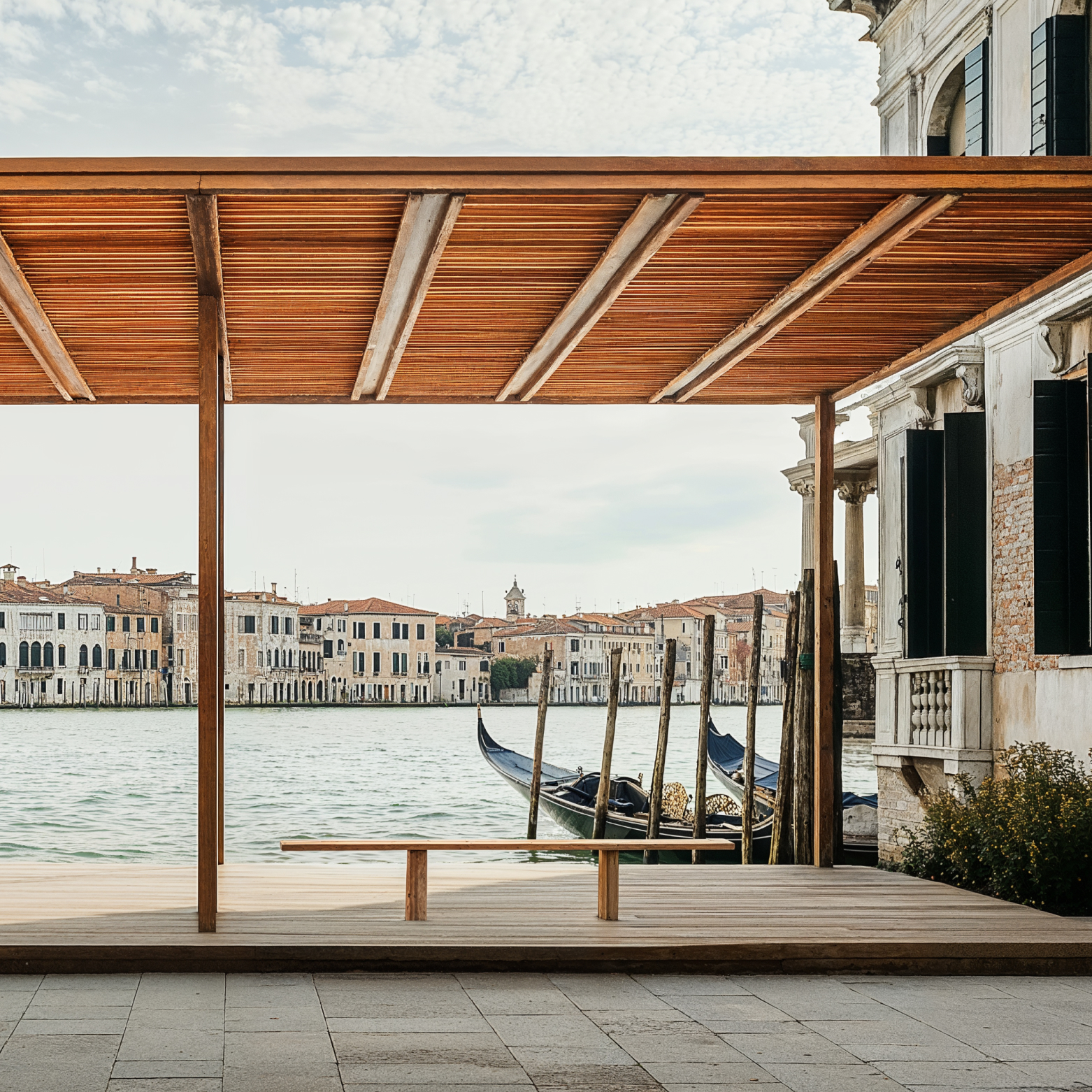 Venetian design ferry terminal with wooden covering sitting in front of a building with plaster and brick overlooking the canal with boats docked at the terminal.