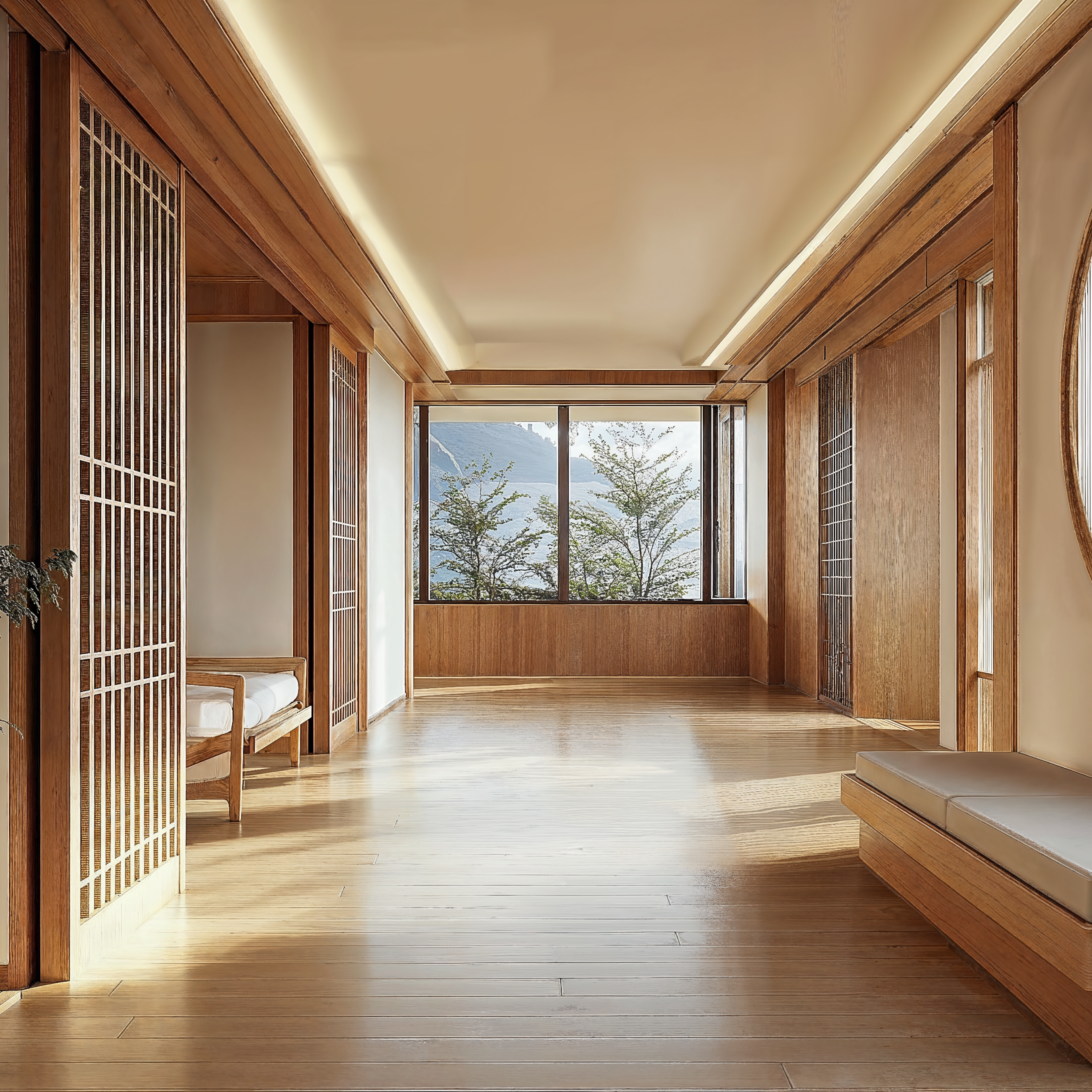 A Koren Hanok designed healthcare space with wooden wall paneling, soft lighting, and coffered ceilings.