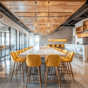 A Scandinavian workplace cafeteria with plush yellow seating, wooden shelving, and natural stone flooring.