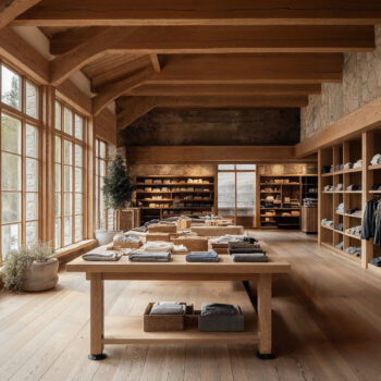 Swiss Alpine design clothing story with wood floors, wood walls, ceiling beams and wood display shelves and tables. The wood is broken up by stone detailing running along the walls and large floor to ceiling windows letting in plenty of natural light.