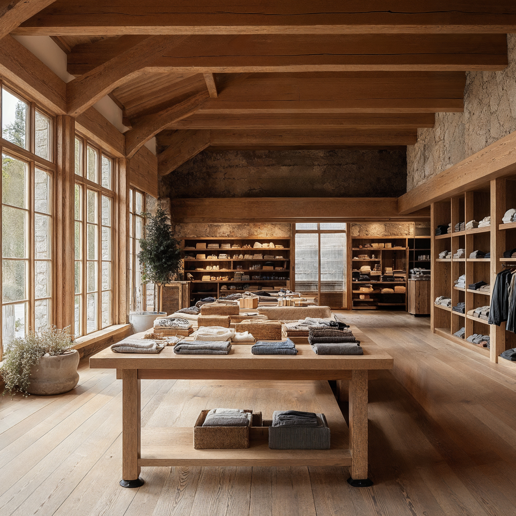 Swiss Alpine design clothing story with wood floors, wood walls, ceiling beams and wood display shelves and tables. The wood is broken up by stone detailing running along the walls and large floor to ceiling windows letting in plenty of natural light.