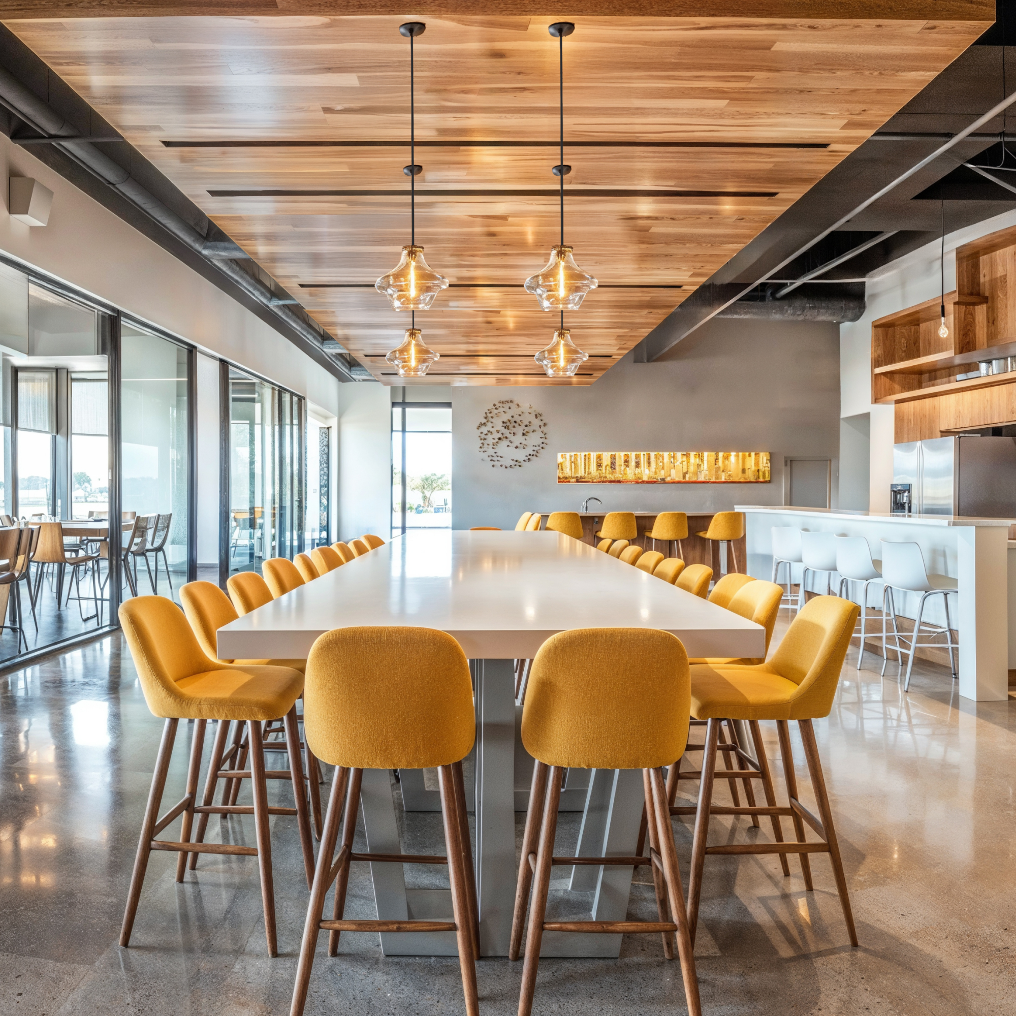 A Scandinavian workplace cafeteria with plush yellow seating, wooden shelving, and natural stone flooring.