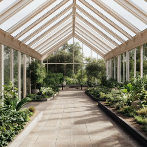 A Scandinavian inspired greenhouse with natural lighting, wooden beams, and brick floors.
