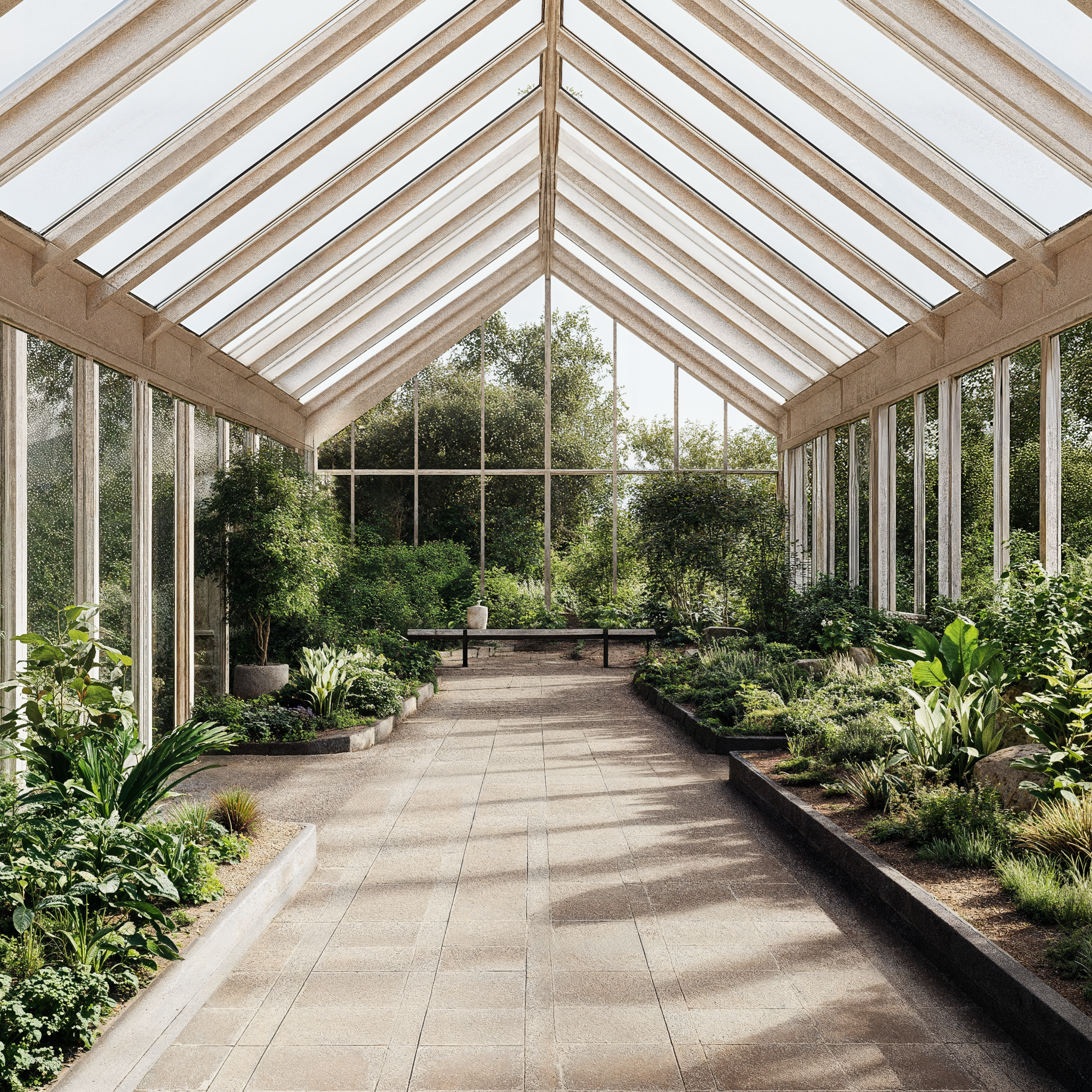 A Scandinavian inspired greenhouse with natural lighting, wooden beams, and brick floors.