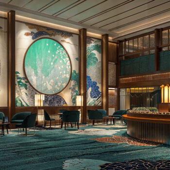 A Chinoiserie Conference Center with teal carpet, wooden wall paneling, and pendant lighting.
