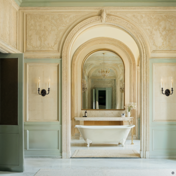 A neo-baroque spa suite with marble floors, ornate walls, and large mirrors.