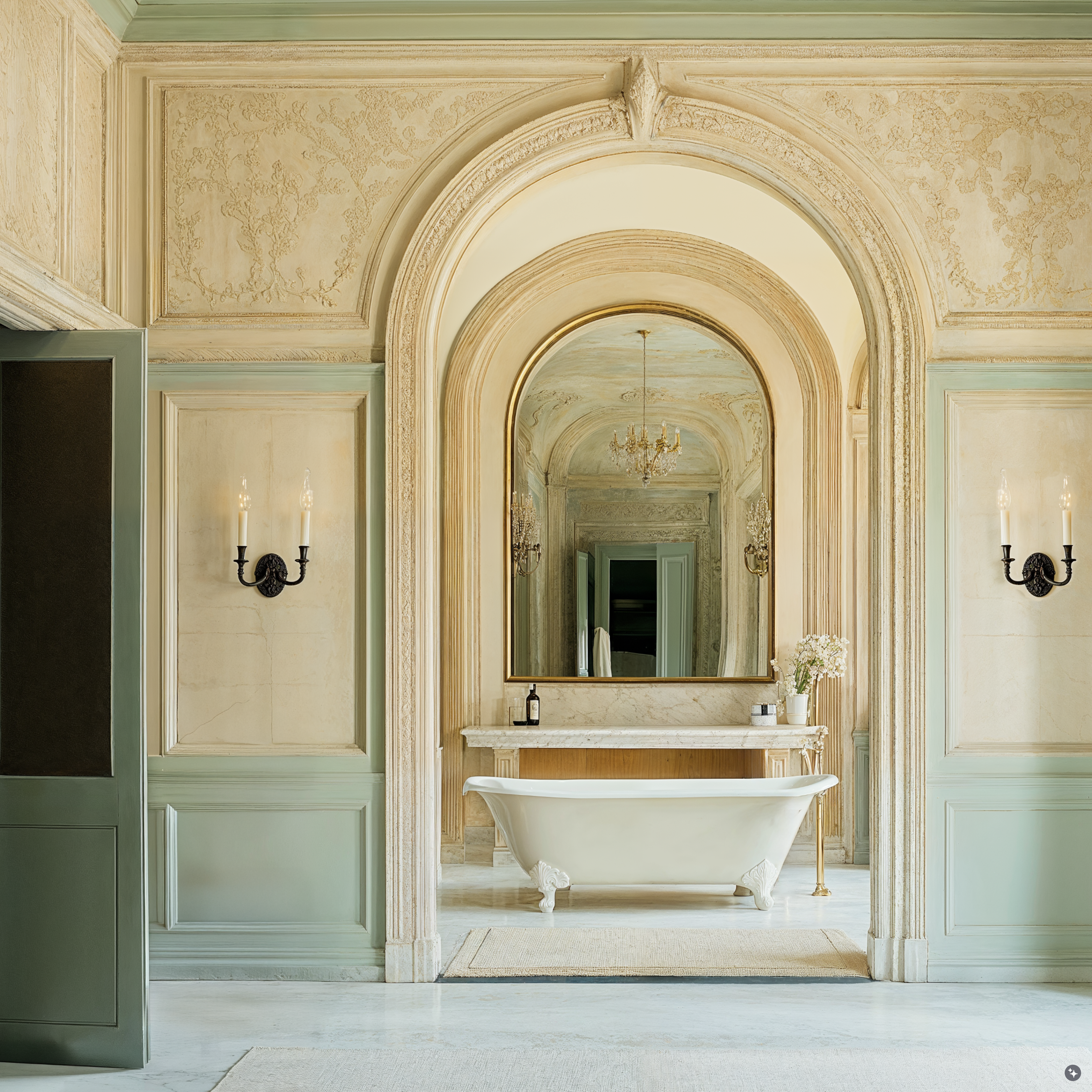 A neo-baroque spa suite with marble floors, ornate walls, and large mirrors.