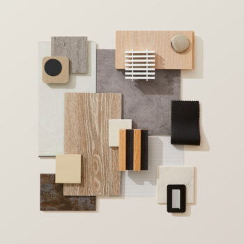 HD Expo 2025 inspired flatlay photograph with dark textiles, light toned woods, and stone surfaces.
