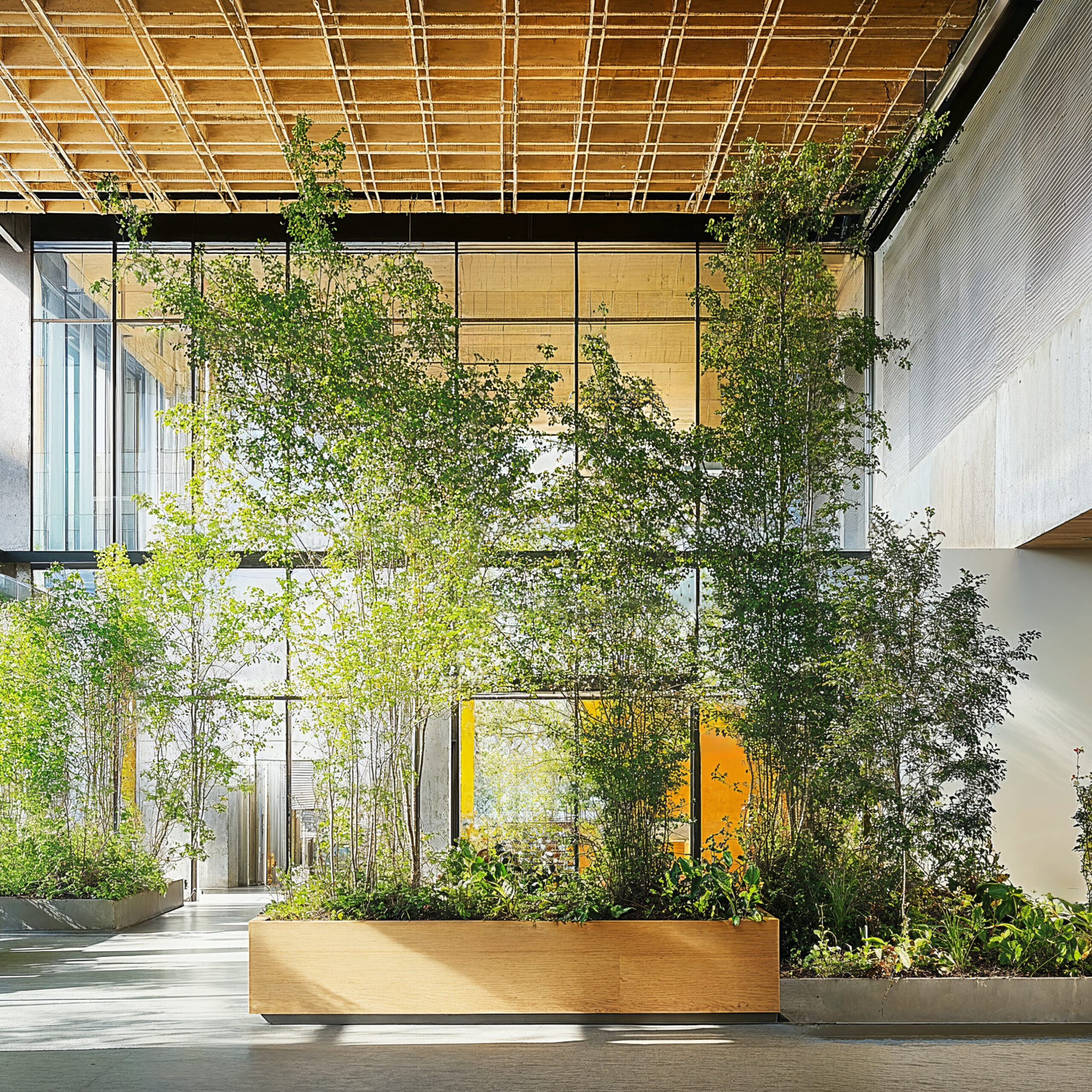 A biophilic hospital lobby with lush greenery, wood paneled ceilings, and ceiling height glass windows.