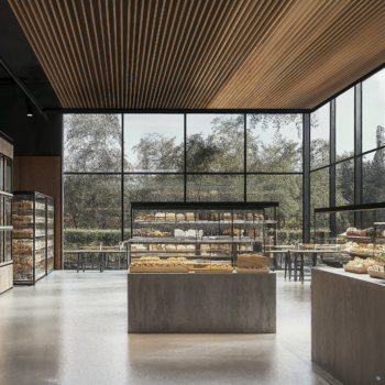 A Japandi grocery store with wood paneled ceilings, concrete floors, and large windows.