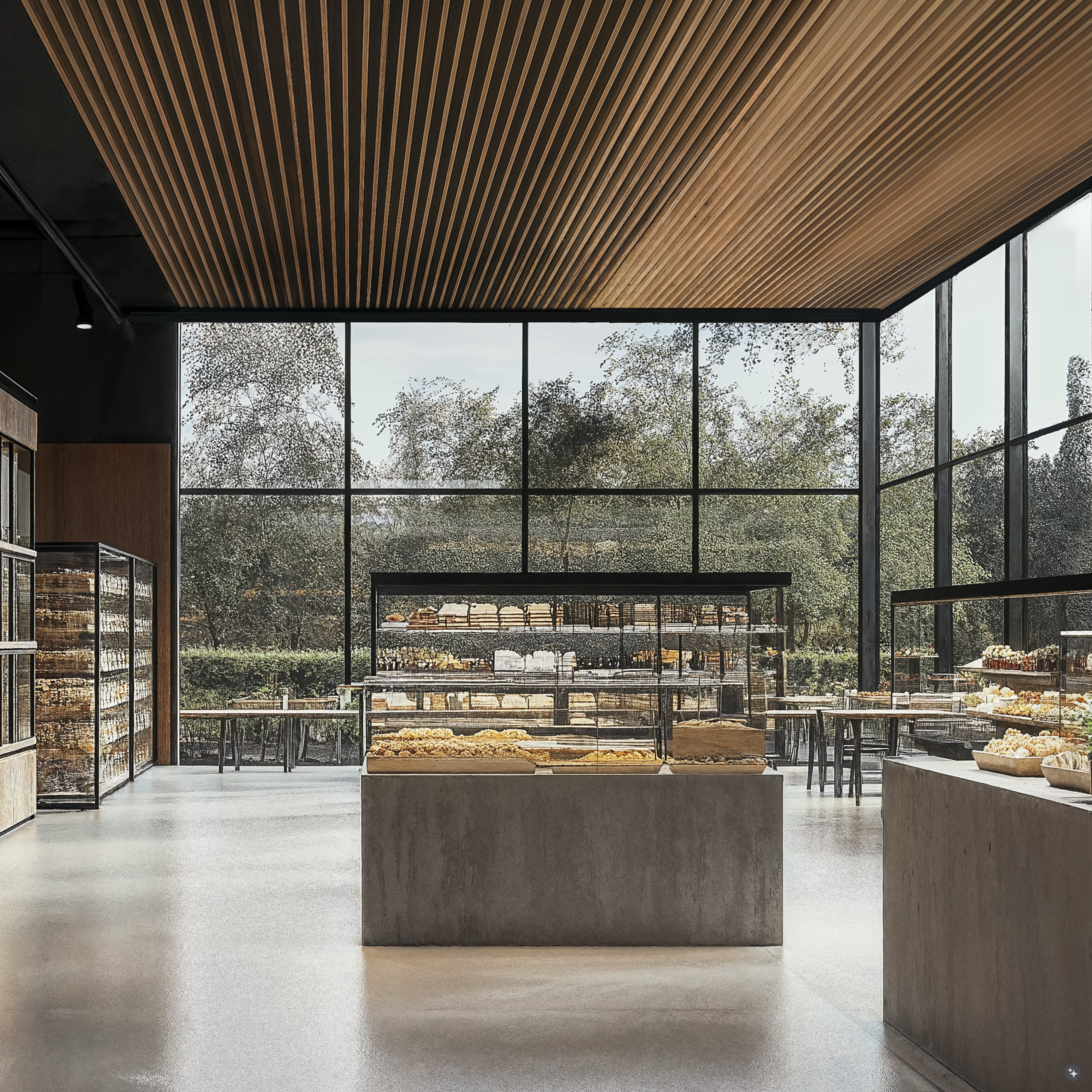 A Japandi grocery store with wood paneled ceilings, concrete floors, and large windows.