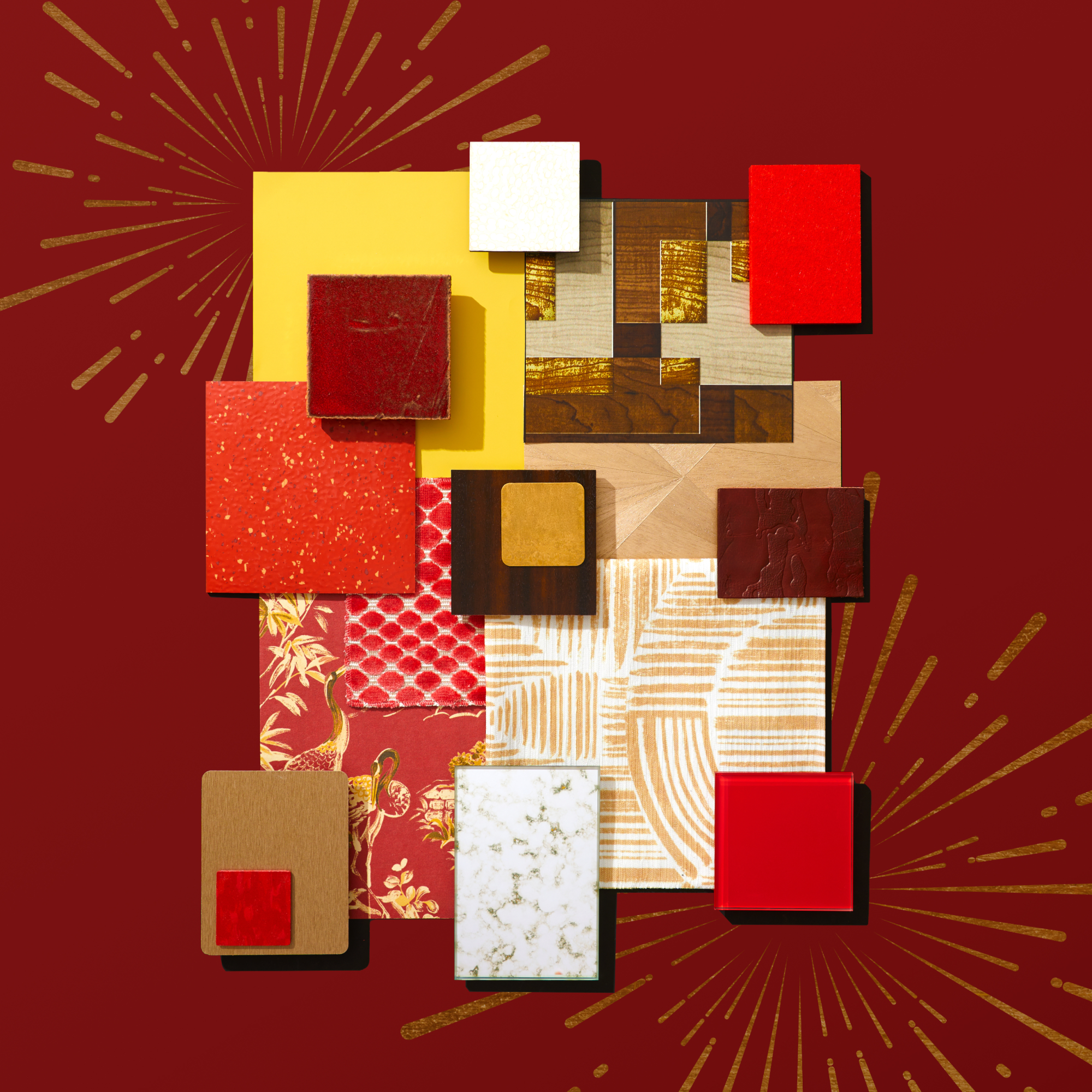 Lunar Luxe palette inspired by the 2025 Lunar New Year features materials in reds, golds and whites in various materials, textures and patterns.