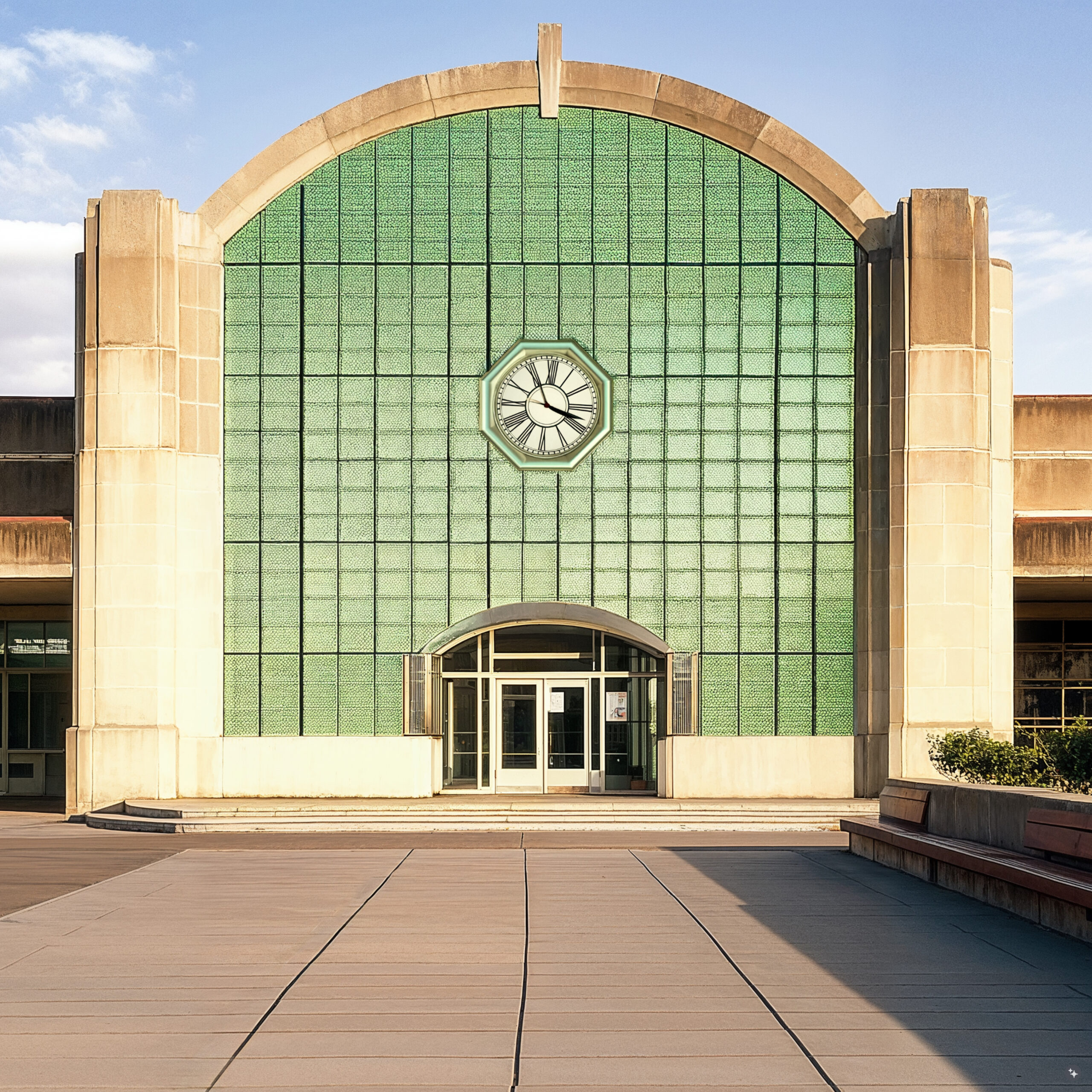An art deco bus terminal with concrete exteriors, brick walkways, and emerald green finishes.