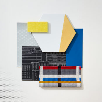 A flatlay image with yellow tile, colorful wallpaper, and blue paint.