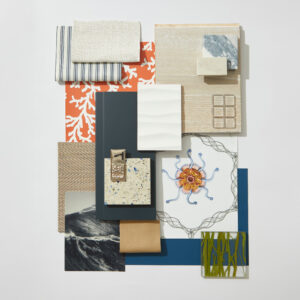 Nautical Ease palette features paint, tile, blue and white striped upholstery, seaweed resin. A palette of white, blue, soft neutrals with pops of orange.