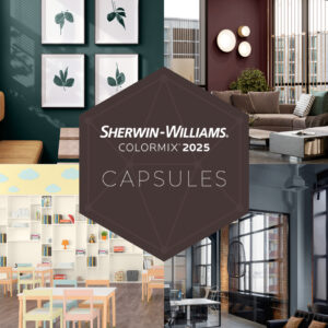 A collage of 4 images from the Sherwin-Williams Colormix 2025 capsule showing a restaurant, hotel, elementary school and an office space each with a distinctive colored wall paint.