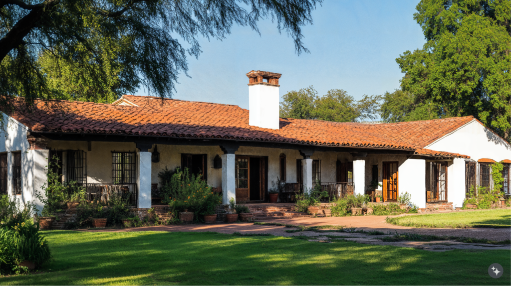 Argentinian estancia designed estate with brick and stone pathways and wood detailing.
