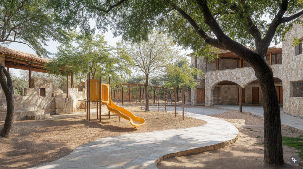 Argentinian estancia designed playground next to a stone academic building.