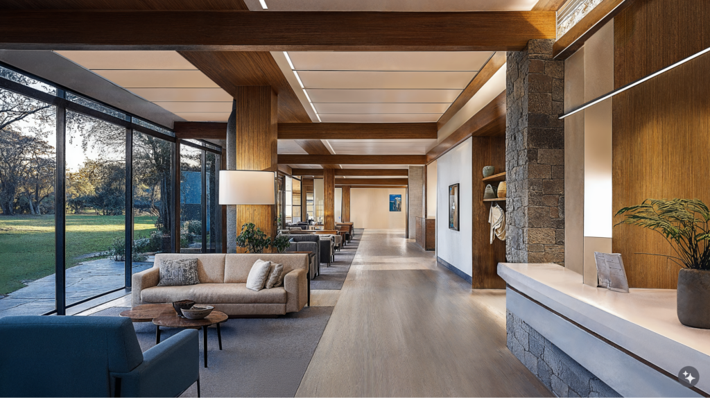 Argentinian estancia designed healthcare lobby with stone walls, wood ceiling beams, large open windows and plenty of comfortable seating areas.