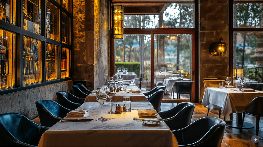 Argentinian estancia designed restaurant with stone walls, wood accents and leather chairs.