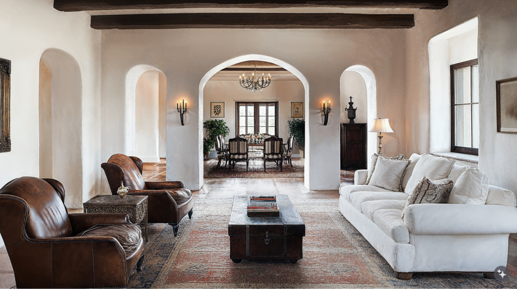 Argentinian estancia designed living room with plaster walls, wooden ceiling beams, tile floors and leather furniture.