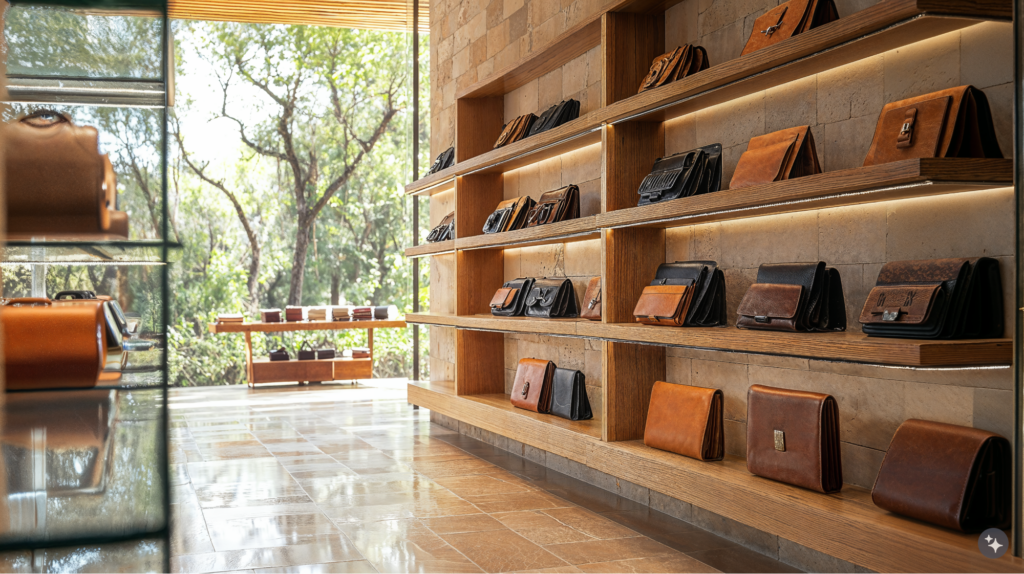 Argentinian estancia designed retail space with tile floor, wooden display shelf and large open windows allowing for plenty of natural light.
