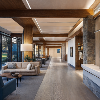 Argentinian Estancia Design healthcare lobby with stone detail, wooden beams, large windows, neutral palette.