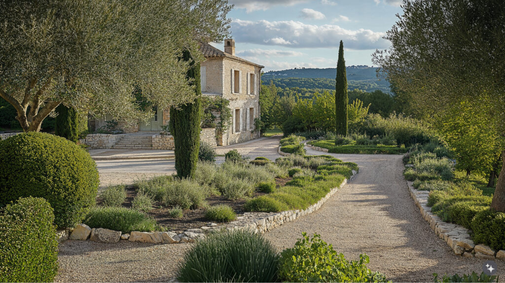 A French provencal designed cultural space with gravel walkways, natural stone walls, and terracotta tiled roofs.