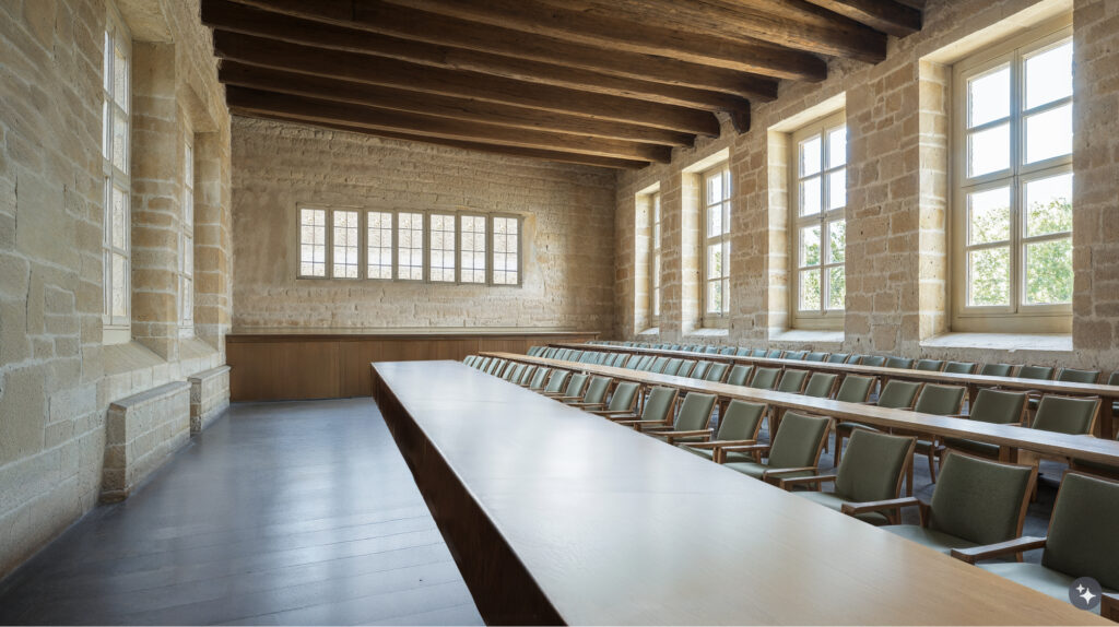 A French provencal designed educational space with natural stone walls, hardwood floors, and exposed wooden beams.