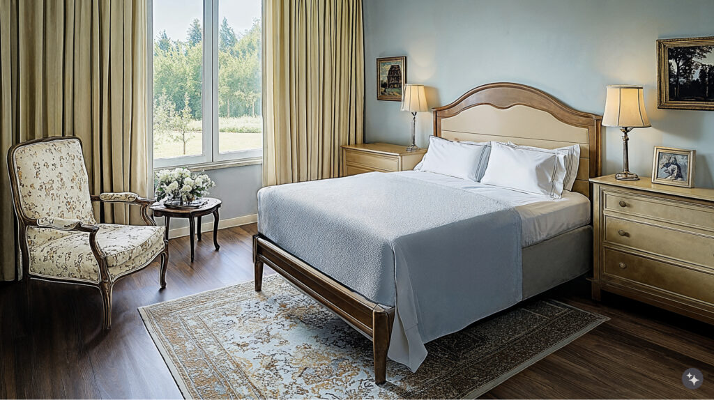 A French provencal designed healthcare space with mahogany floors, decadent drapery and wooden furniture.
