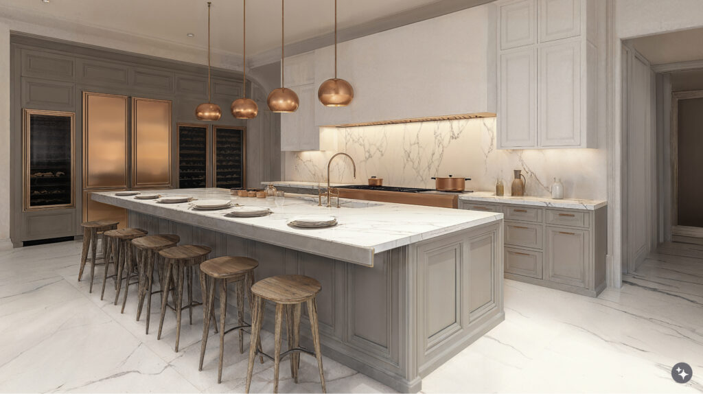 A French provencal designed kitchen with pendant lighting, marble backsplashes, and wooden stools.