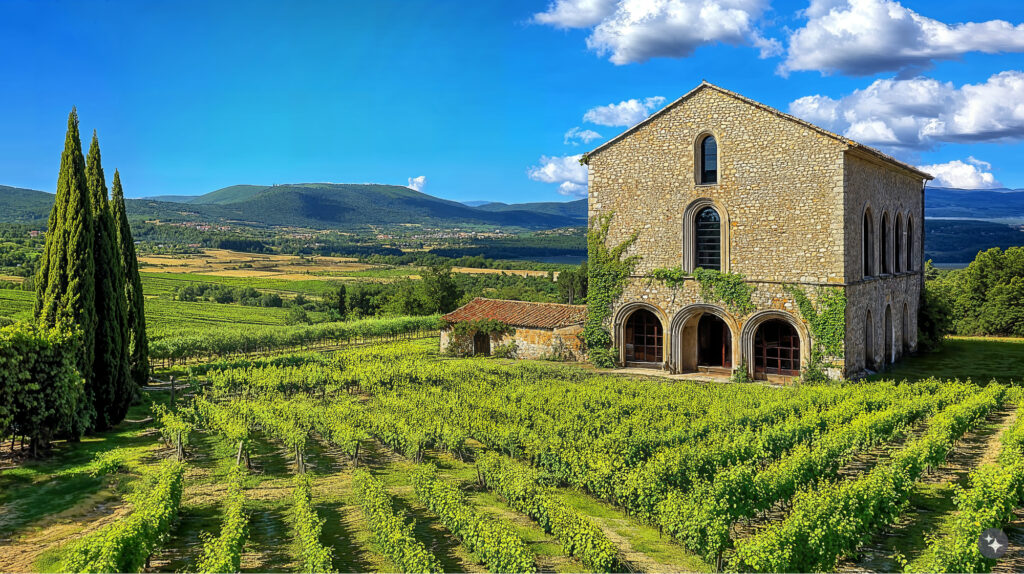 A French provencal retail space with arched doorways, natural stone walls, and natural greenery.
