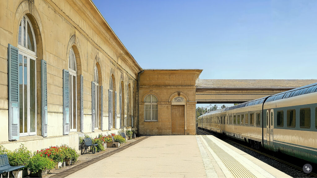 A French provencal designed train station with limestone walls, wooden doors, and brick walkways.