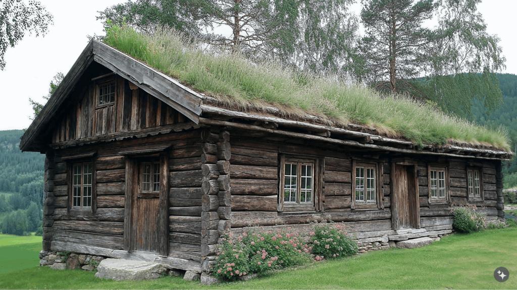 A Norwegian cabin designed cultural space with wooden framing, floral landscaping, and grass thatched roofs.