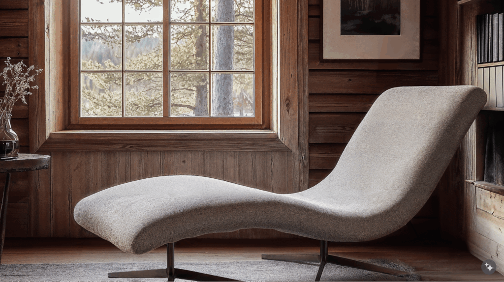 A Norwegian cabin designed healthcare space with plush upholstered seating, wooden wall paneling, and grey broadloom carpets.